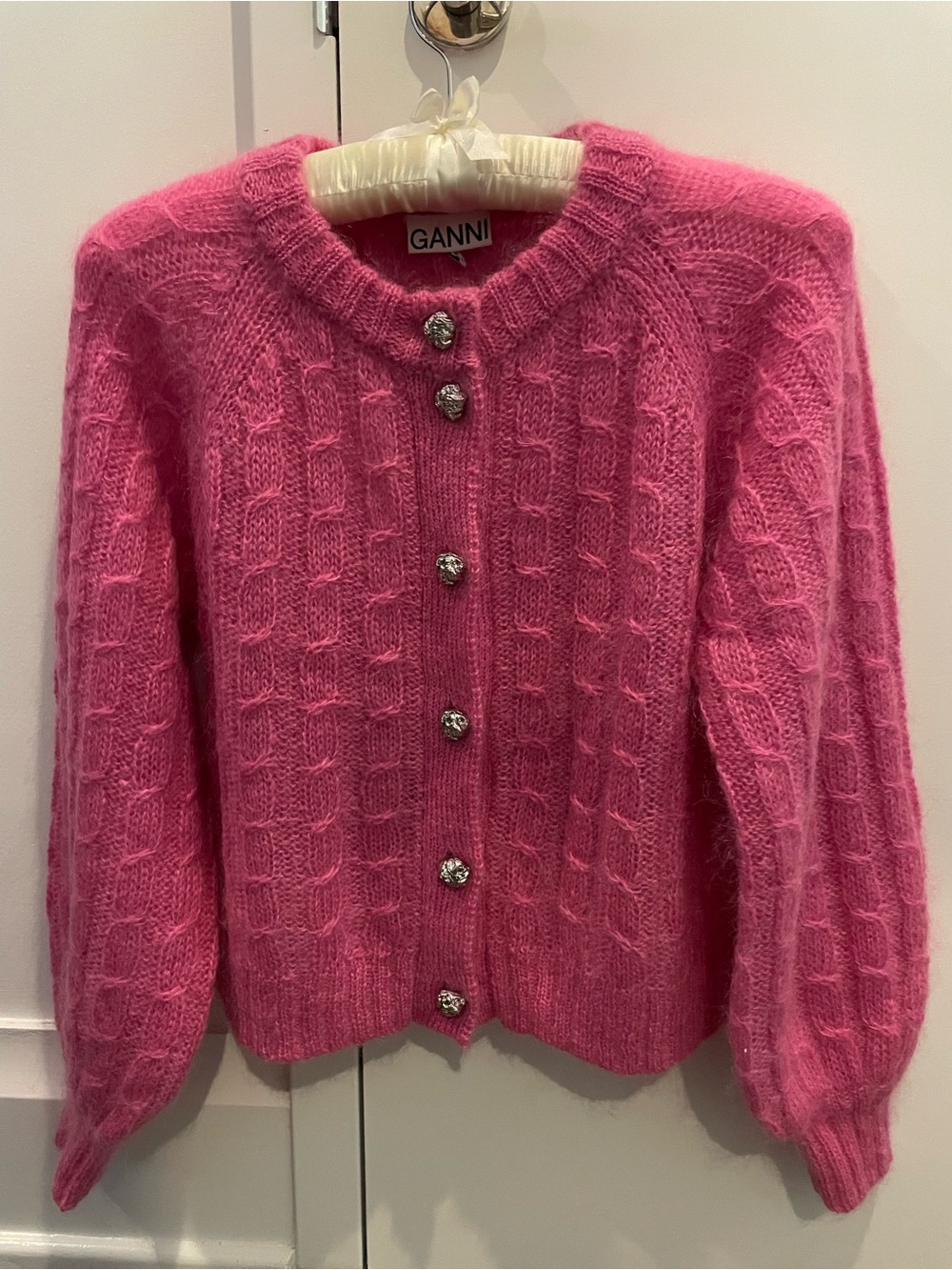 Ganni Hot Pink Cable Wool-Mohair Crystal-Button Cardigan